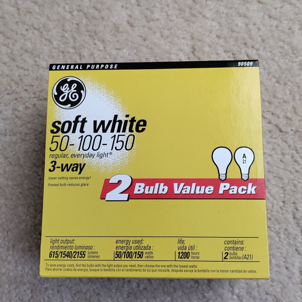 New GE 3-way Soft White 50-100-150 Watt 120v A21 Light Bulb 2 Pack